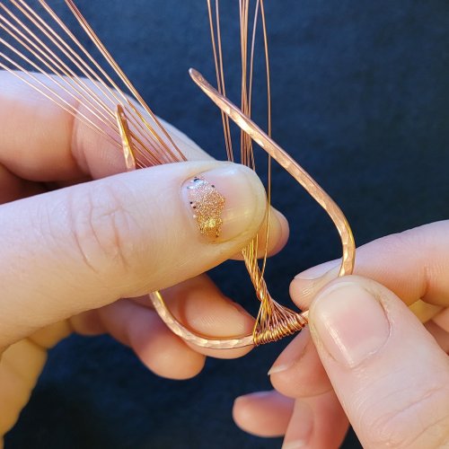 Jennifer Brooks's Rainbow Autumn Tree Earrings - , Contemporary Wire Jewelry, Dapping, Dapping Jewelry, How To Punch Holes, Hole Punching, Punch A Hole, Lashing, Wire Lashing, , Using your thumb and forefinger, twist all the wires together